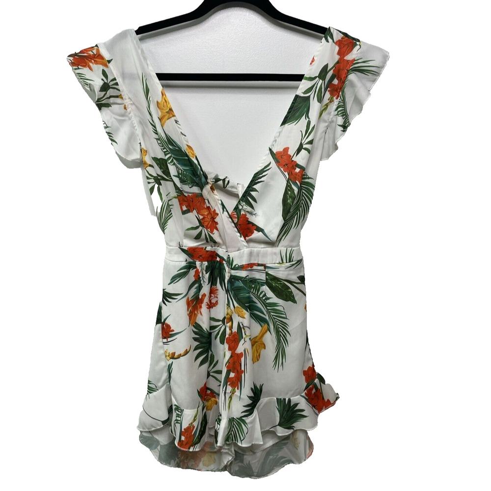 Pretty Little Thing Short Romper Women White Multicolor Tropical Floral Ruffle 0
